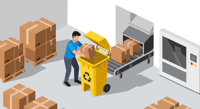 Isometric warehouse automation: recycling cardboard boxes in a modern facility