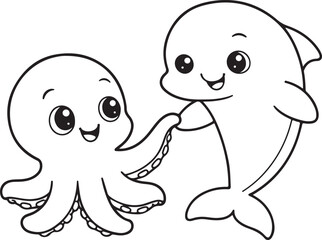 Obraz premium Cute Dolphin and Octopus Coloring Page Vector for Kids