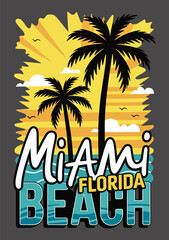 Obraz premium Miami Beach Florida Summer Poster Design Vector Illustration with Palm Trees, Tropical Vacation Travel Graphic for Beach Tourism Promotion, Sunny Coastal Landscape, Holiday Banner