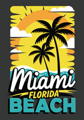 Miami Beach Florida Summer Poster Design Vector Illustration with Palm Trees, Tropical Vacation Travel Graphic for Beach Tourism Promotion, Sunny Coastal Landscape, Holiday Banner