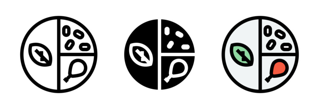 Conjunto de iconos de comida equilibrada. Plato dividido con vegetales, prote&iacute;na y carbohidratos. Nutrici&oacute;n balanceada y alimentaci&oacute;n saludable. Ilustraci&oacute;n vectorial