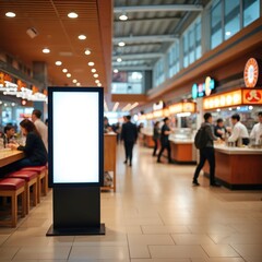 Blank digital advertisement screen stands in busy food court with people walking past shops and cafes. Modern interior space for retail marketing promotion.