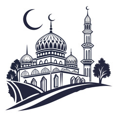 Traditional mosque silhouette with ornate domes and minaret under crescent moon © eee