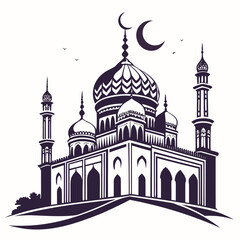 Traditional mosque silhouette with ornate domes and minarets © eee