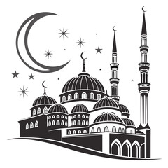 Black and white mosque architecture silhouette with layered domes and minarets under a crescent moon © eee