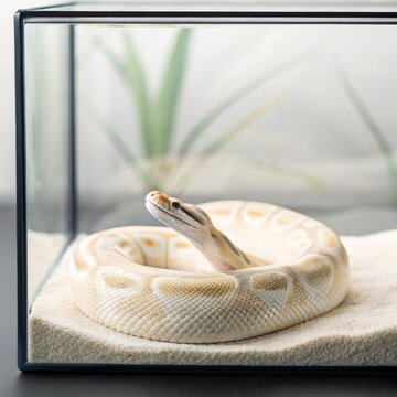 Coiled serpent in serene glass tank captivating display of calm ball python soft lighting and minimalist setup for tranquil reptile observation