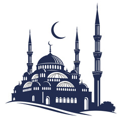 Mosque architecture silhouette with layered domes and minarets under crescent moon 1 © eee