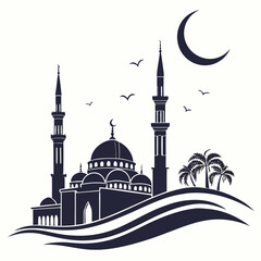 Islamic mosque silhouette with minarets and domes under crescent moon © eee