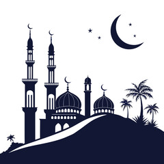 Islamic mosque silhouette with minarets domes palm trees and crescent moon © eee