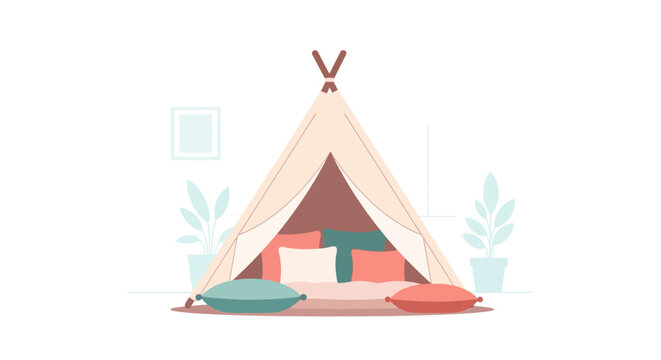 Cozy teepee tent with cushions and plants in minimalist room setting