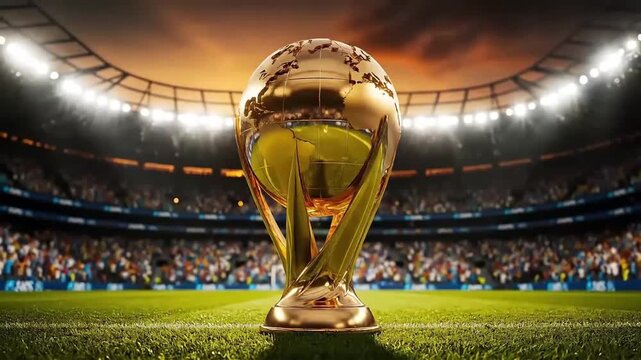 Golden World Football Trophy on Grass with Professional Stadium Background