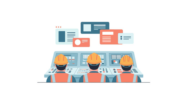 Control room team monitoring operations in flat design