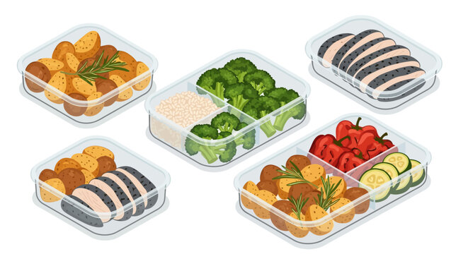 Healthy meal prep: diverse containers with vegetables and protein in isometric style