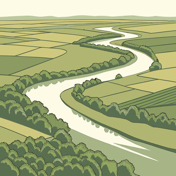 Stylized aerial view of a winding river through fertile green farmland with lush trees along the banks