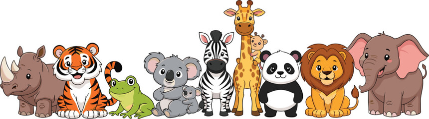 Large collection of cute cartoon wild animals including lion tiger elephant giraffe panda zebra rhino and koala for kids. © Mst