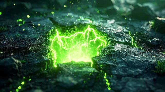 Vivid Green Lightning Striking Through Dark Rocks in Water.