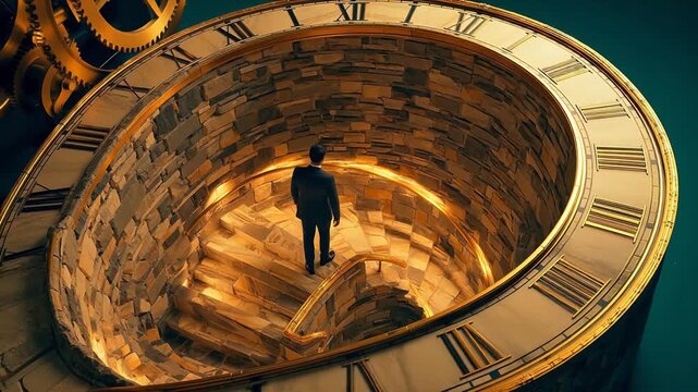 Man on spiral staircase inside giant clock