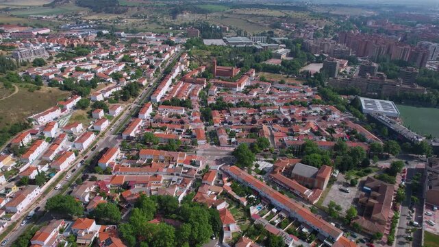 Aerial panorama view of a suburb of the city Valladolid in Spain on a sunny summer noon.
