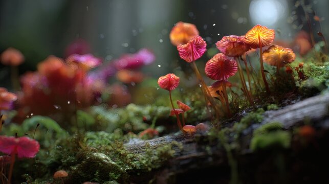 Luminous Forest Floor: A captivating close-up of vibrant, miniature mushrooms thriving amongst lush moss and decaying wood, showcasing the enchanting world of fungal life in a verdant setting.