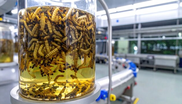 Dense rows of protein-rich larvae densely packed within industrial farming modules showcase advanced insect cultivation.