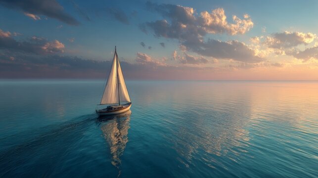 Tranquil Sailing at Sunset: A lone sailboat glides across the serene sea at sunset, its sails catching the warm, golden hues of the setting sun, evoking a sense of calm and freedom.