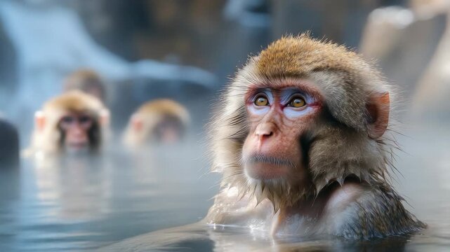 Japanese macaque in hot spring with blurred background, Jigokudani Monkey Park, Nagano, Japan, cute animal, funny monkey in water
