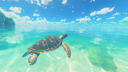 Fototapeta premium Graceful Ocean Turtle Swimming Above Coral Reef Seabed high resolution picture