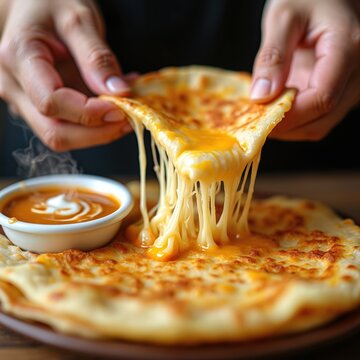 Hands rip cheesy roti prata with curry dip. Warm flatbread stretches with melted cheese strings. Delicious indian asian food, savory pastry breakfast meal.