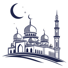 Mosque skyline silhouette with domes and minarets under crescent moon 1 © www