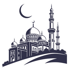 Mosque skyline silhouette with domes and minarets under crescent moon © www