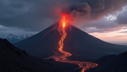 Fototapeta premium Fiery volcano eruption at dawn spews molten lava down mountainside. Smoke billows into twilight sky. Snow capped peaks visible afar. Volcanic activity creates dramatic natural phenomenon.