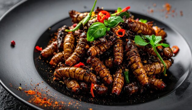Edible insect larvae prepared as a gourmet dish with chili and herbs on a black plate
