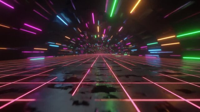 Red and white lights blur into a fast motion design as urban traffic rushes through the dark city street at night