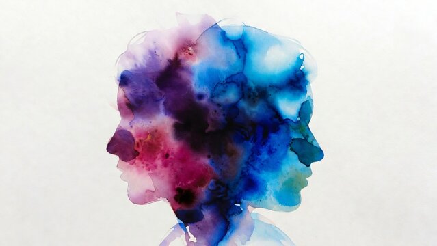 Acquerello astratto di due profili: concetto di psicologia e dualismo