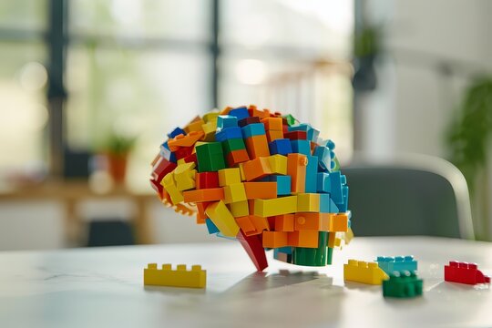 Colorful building block human brain model on white table creative education concept in bright room