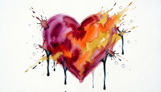 Cuore ad acquerello con schizzi e colature: pittura astratta di amore e passione