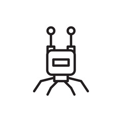 Naklejka premium Robot crawler or spider-like machine icon featuring antennas and mechanical legs. Minimalist vector illustration represents robotics, automation, artificial intelligence, and futuristic technology.