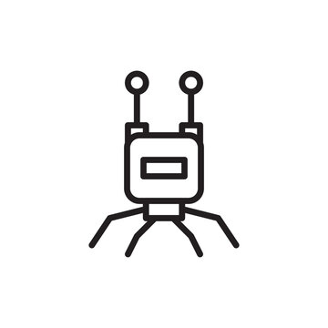 Robot crawler or spider-like machine icon featuring antennas and mechanical legs. Minimalist vector illustration represents robotics, automation, artificial intelligence, and futuristic technology.