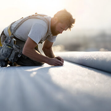 Close-up of an elastomeric roofer wearing safety equipment in soft morning light