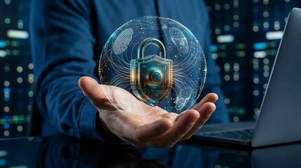 Fototapeta premium Digital security concept visualized with a glowing padlock and network connections over a persons open hand
