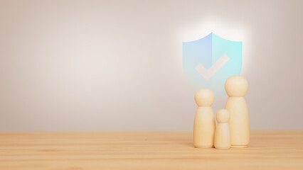 Family protection concept using wooden figurines and security shield representing life insurance,...