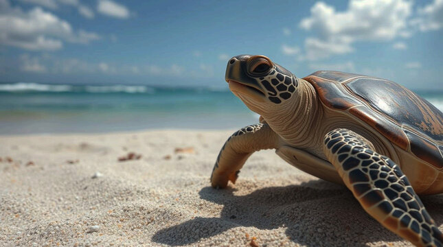 Sea Turtle Crawling on Sandy Beach Near Ocean