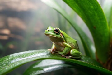 Obraz premium Small green tree frog perched on a leaf in a terrarium captured in humid light with shallow focus for nature enthusiasts