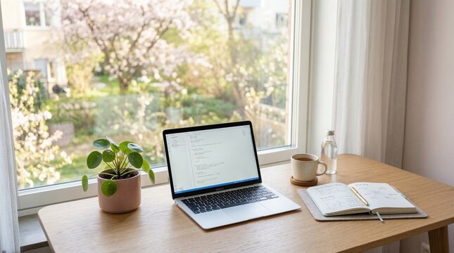 Modern home office workspace with laptop plant and coffee near large window with natural light and blurred garden view