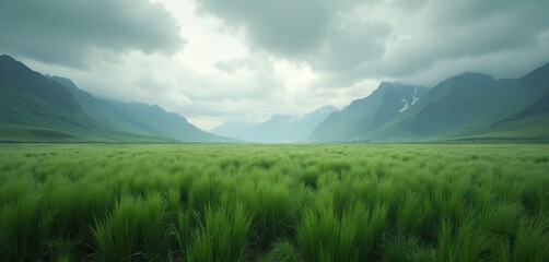 Fototapeta premium Expansive green grass field stretches towards misty mountains under cloudy sky. Wide open plain offers peaceful rural nature view. Lush vegetation thrives in calm, fresh atmosphere.