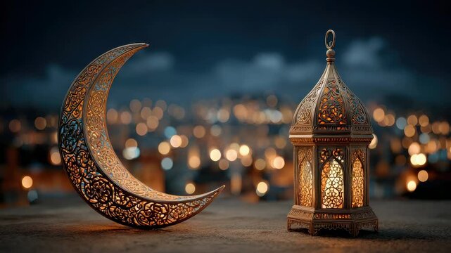 Traditional Moroccan metal lantern, fanous, a beautiful metal crescent moon figurine against the night sky, a blurred Arabic city, Ramadan Kareem, Muslim holiday, Islamic symbol, religious, religion