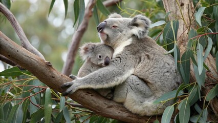 Obraz premium Tender moment koala mom embracing baby on eucalyptus tree heartwarming wildlife photography lush natural habitat close-up perspective for nature lovers