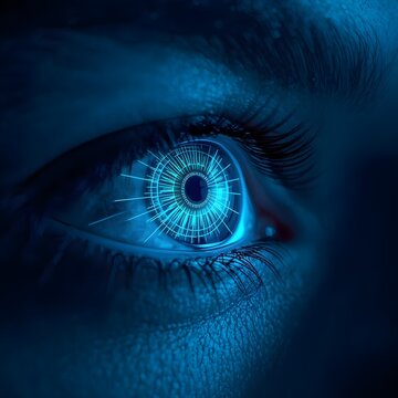 Close up of human eye with blue digital radar pattern on iris
