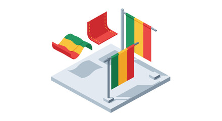 Fototapeta premium Isometric flags on poles with sewing patterns and 3d fabric elements