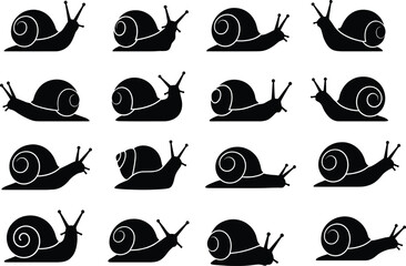 Black snail silhouette vector set, garden gastropod icons, mollusk nature collection for organic design © VectoVerse